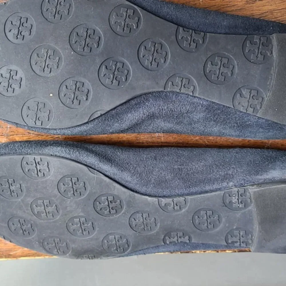 Tory Burch Navy Suede Reva Flats with Logo size 8
